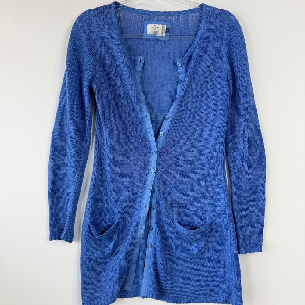 Escales Paris Cardigan Womens M Blue 100% Linen Longline Button Front Sheer Knit